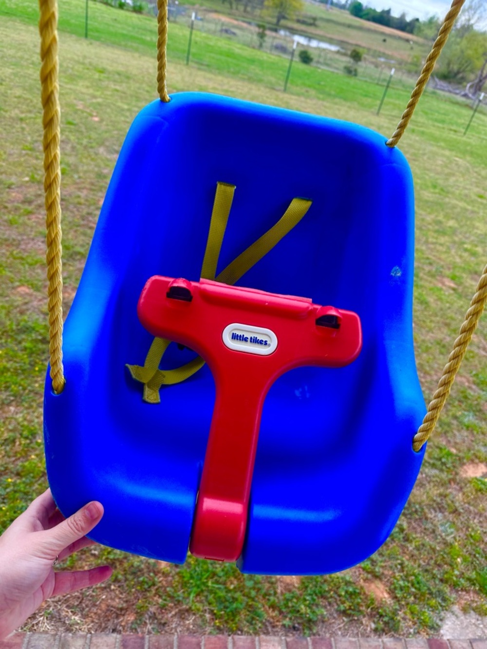 Blue Toddler Swing with Red Safety T-Bar